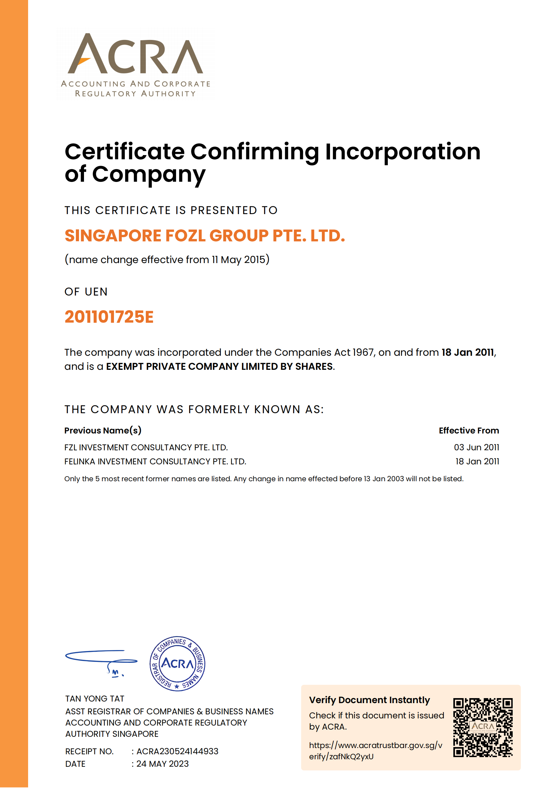 新加坡中胜华算集团公司注册证书